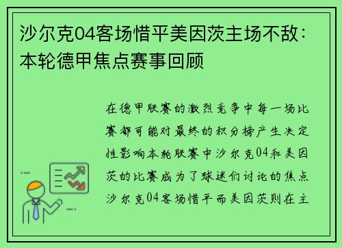 沙尔克04客场惜平美因茨主场不敌：本轮德甲焦点赛事回顾