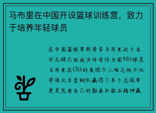 马布里在中国开设篮球训练营，致力于培养年轻球员